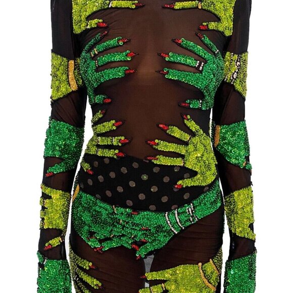 DISCOUNT UNIVERSE ELIXIR GREEN SEQUIN HANDS MINI MESH DRESS RAVE FESTIVAL PARTY - Picture 5 of 11